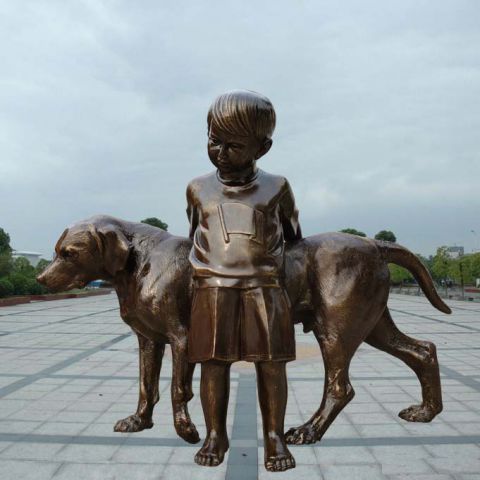 酒店小孩和小狗铜雕
