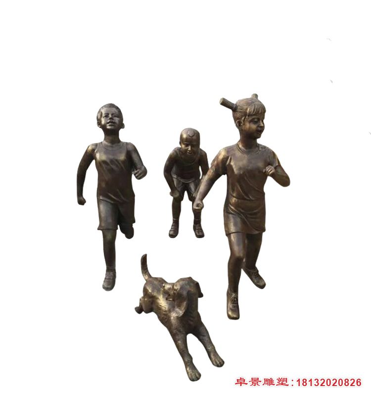 跑步遛狗的儿童铜雕