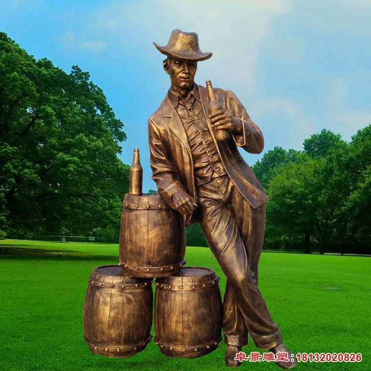 坐酒桶喝啤酒的铜雕牛仔